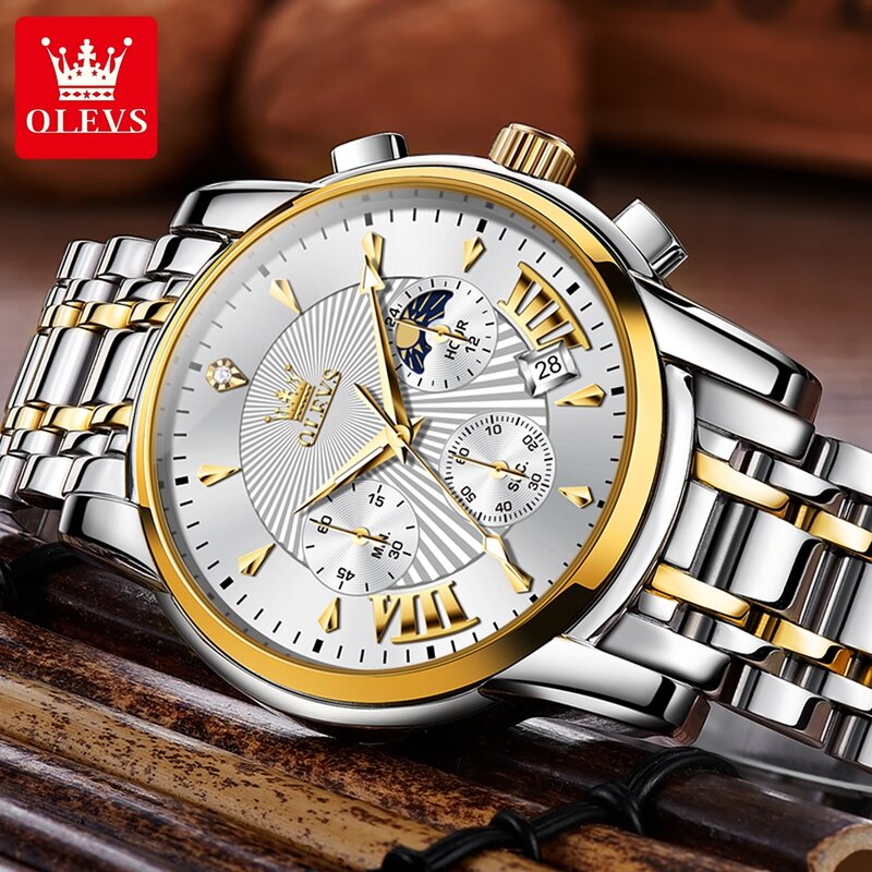 OLEVS Luxury Brand Quartz Watch for Men Waterpoof Chronograph Men's Wristwatch Auto Date Dual Calendar Moon Phase Man Watch New