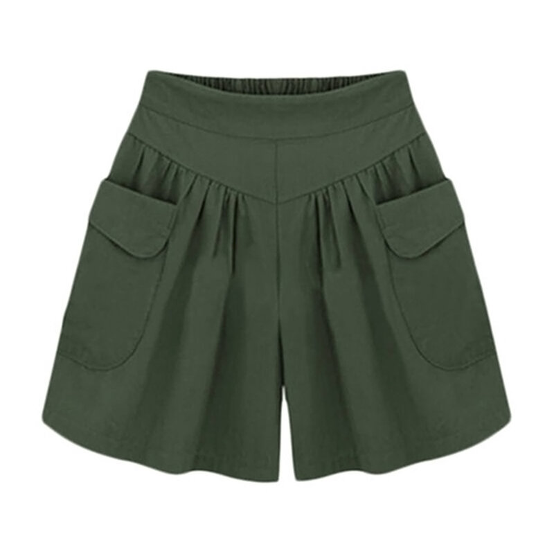 Shorts de linha A casual feminino, shorts soltos de cor sólida feminina, cintura alta, confortável para o exterior, verão, verde exército, plus size