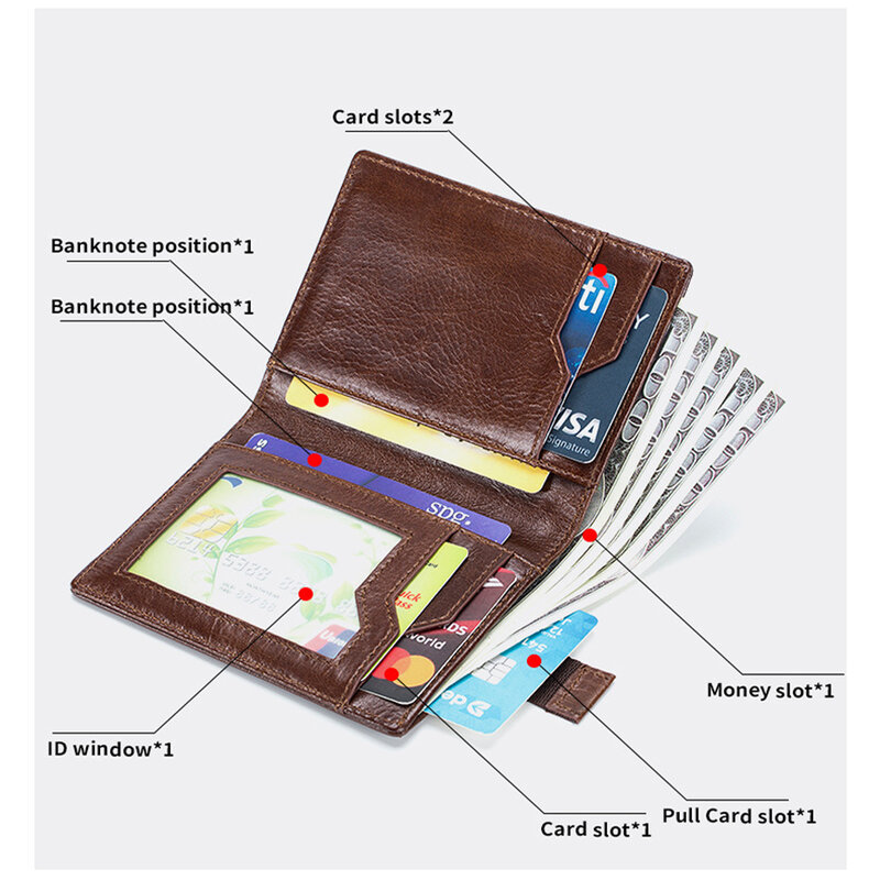 남성용 정품 가죽 단지갑, RFID 차단, 오일 왁스 스킨, 이중 지갑, 신용 카드 지갑, 돈 가방, 빈티지 스타일