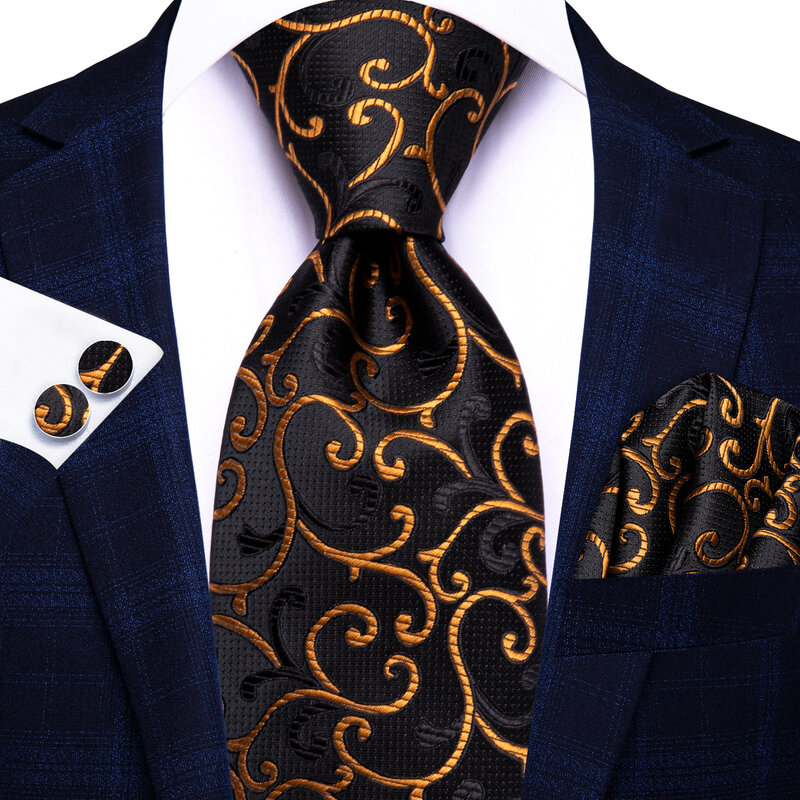Hi-Tie Designer Gravata Jacquard, Black Gold Novidade Elegante Men Tie Acessório, Wedding Business Party Hanky Cufflinks Set