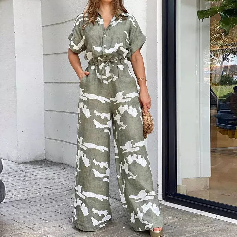 2024 Casual V Neck Short Sleeve Jumpsuit Office Lady Spring Summer Fashion Elegant Print Jumpusuits For Women  One Piece Rompers
