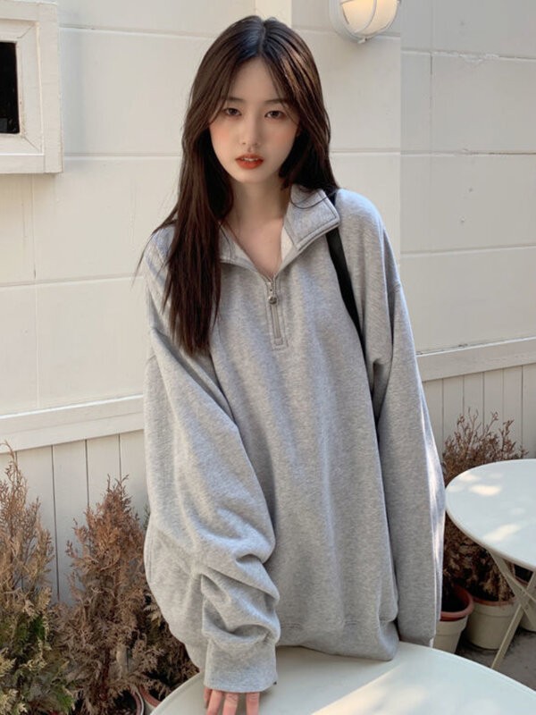 Deeptown Kaus Longgar Abu-abu Fashion Korea Hoodie Zip Up Harajuku Wanita Atasan Pullover Kerah Polo Kasual Longgar Antik