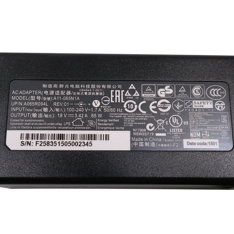 19V 3.42A 65W 3.0*1.0MM Ordinateur Portable Adaptateur Chargeur Pour Acer Aspire S7 391 V3-371 Switch12 PA-1450-26 A13-045N2A 547H 56RQ SF314-51-7