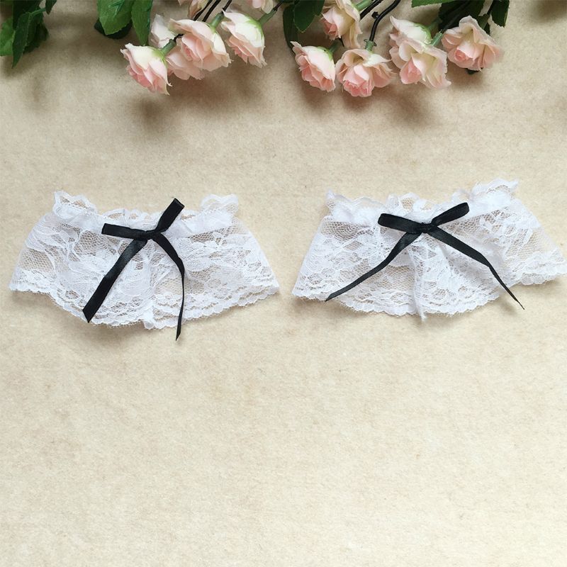 Womens Cosplay Maid 3 Pieces Leg Ring Wrist Band Set White Floral Lace Black Bow