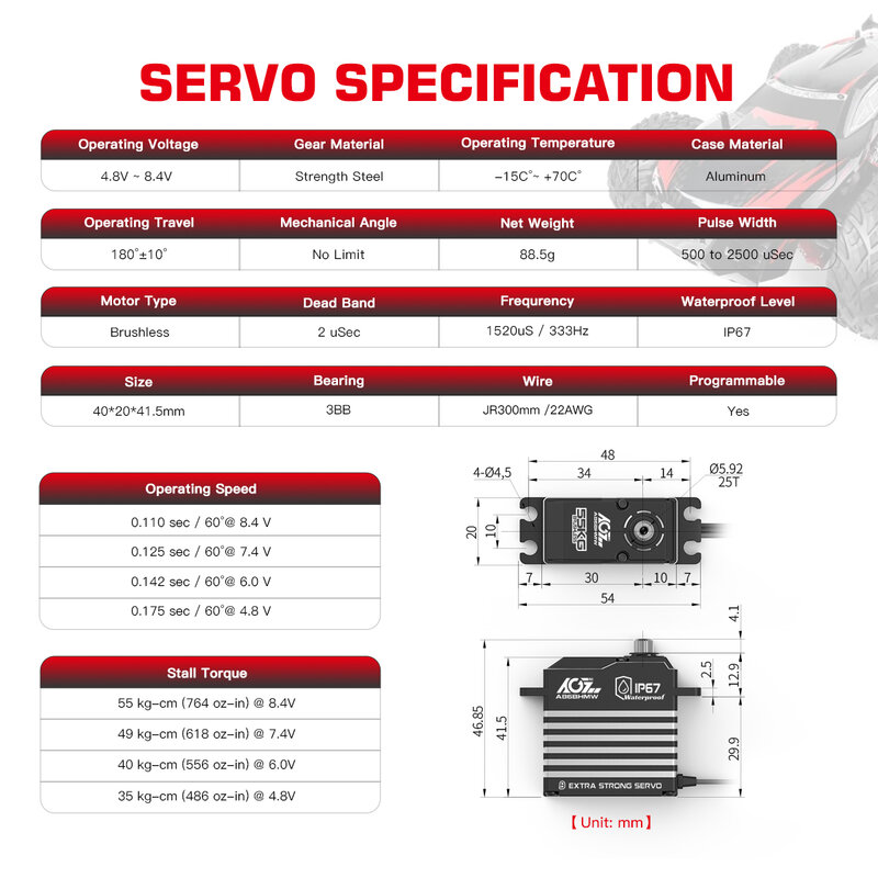 AGFRC impermeável HV programável Steering Servo, RC Car, Barco Crawler Modelos, A86BHMW, A81BHMW, 55kg, 45kg, 1:8, 1:10