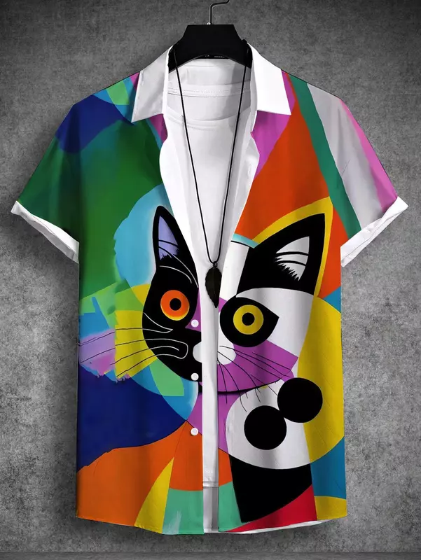 Baju musim panas pria, 2024 baju seni kucing gambar grafis 3D sederhana, atasan lengan pendek Streetwear longgar kasual Hawaii