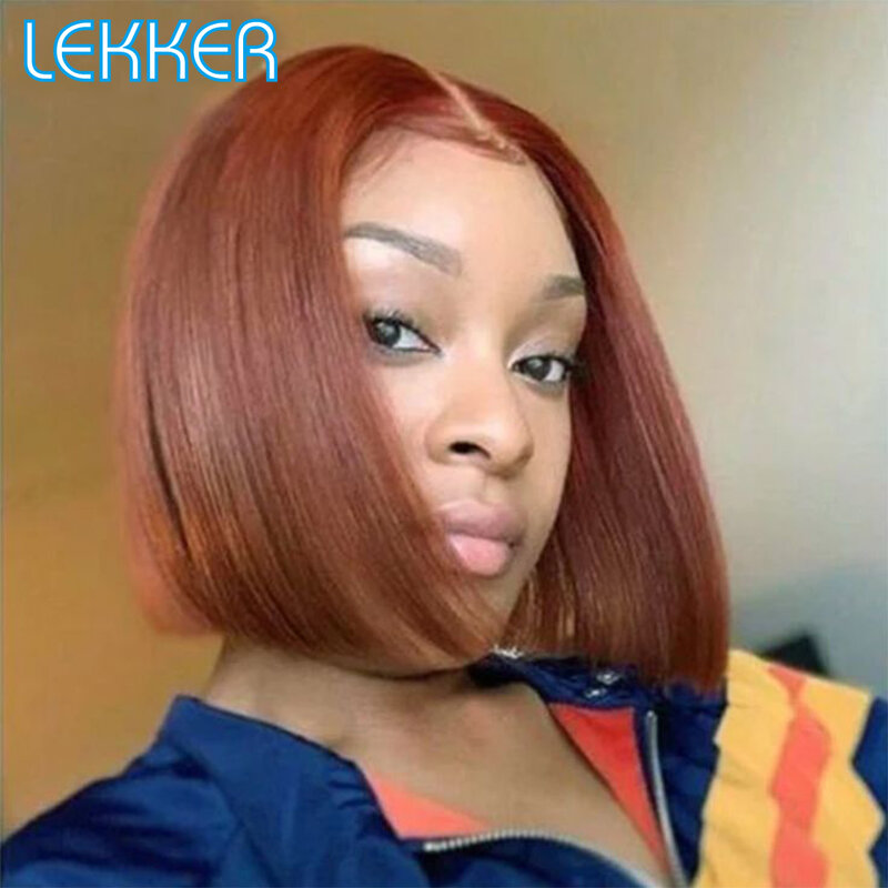 Lekker-Peluca de cabello humano liso y corto para mujer, pelo Remy brasileño con encaje frontal 13x6x1 T, color Chocolate