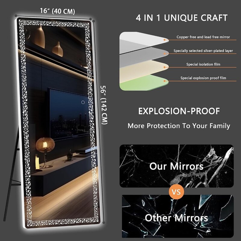Specchio a figura intera con luce a LED, specchio a figura intera con luce a motivo triangolare, specchio da terra a LED autoportante, 3 modalità di colore