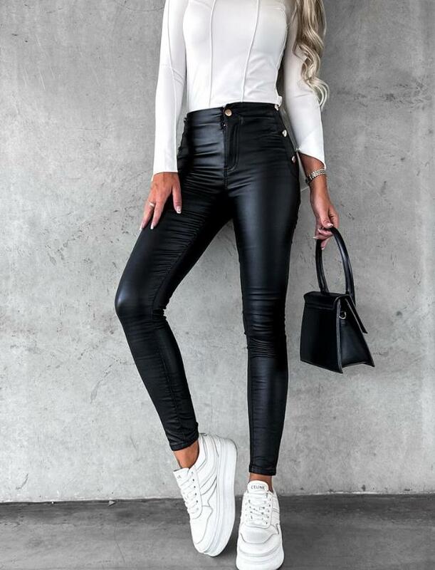 Женские длинные брюки 2023, модные брюки-карандаш из искусственной кожи, облегающие брюки с боковыми пуговицами, универсальная модель, уличная одежда