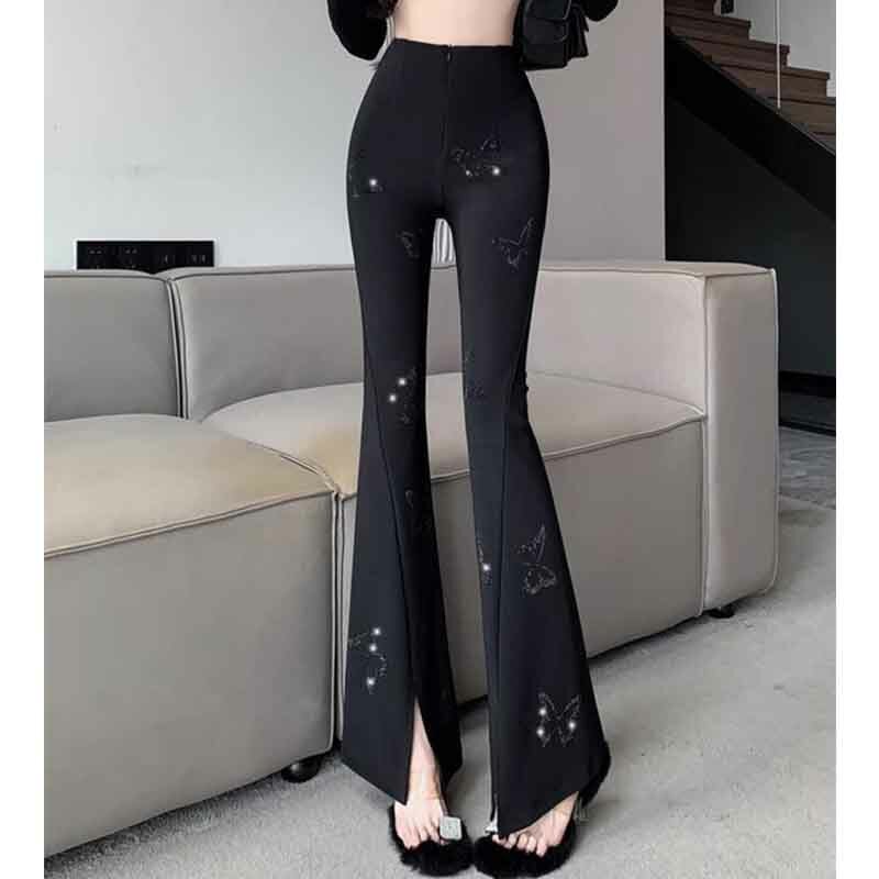 Брюки женские расклешенные с разрезом, Модные Простые повседневные универсальные прямые брюки со стразами и бабочками, черные в Корейском стиле, на лето