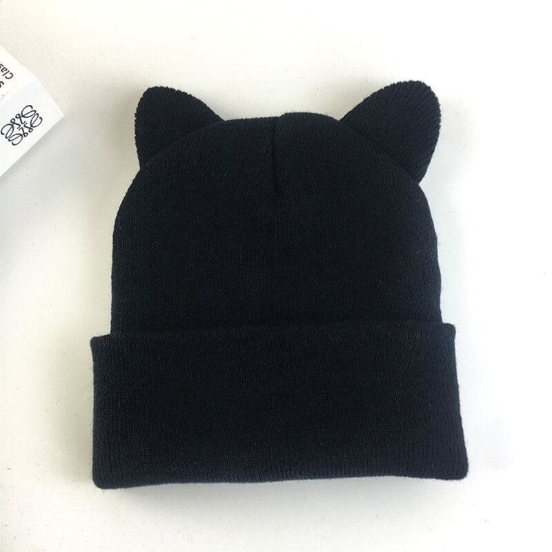 Bonnet en laine avec oreilles de chat mignon pour l'hiver, crânes décontractés, chapeau gris et blanc, joli chapeau chaud, design tendance, 1PC