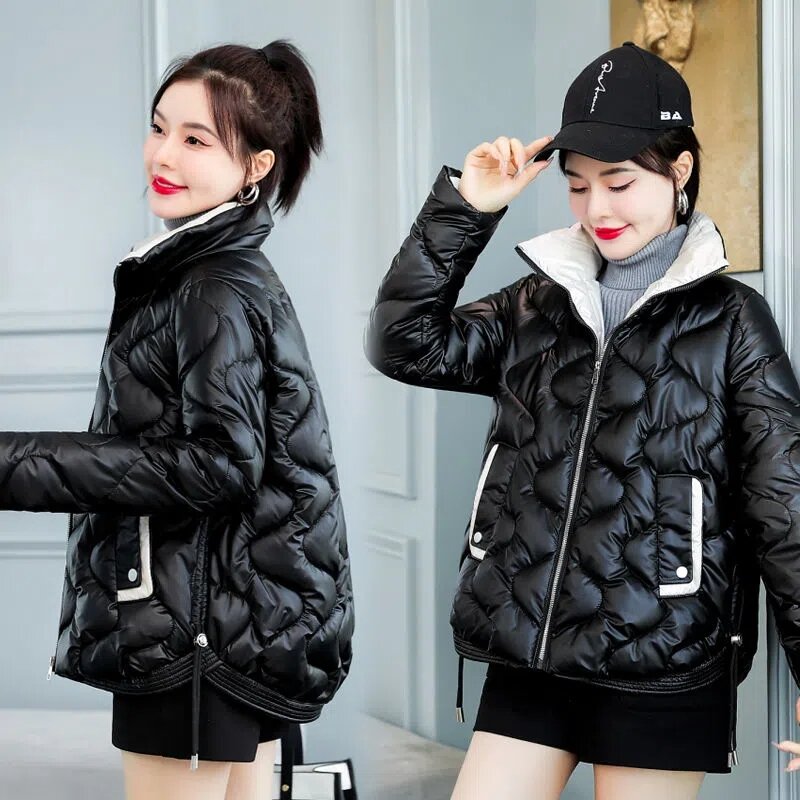女性の冬のジャケット,韓国のパーカー,新しい綿,短い光沢のあるスタンドカラー,女性のアウターウェア,オーバーコート,2023