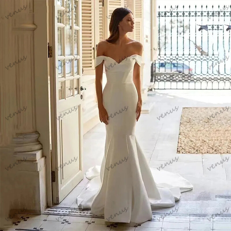 Proste suknie ślubne satynowe suknie ślubne z dekoltu na ramiona syrenka Sweetheart szaty efektowne Vestidos De Novia dla kobiet