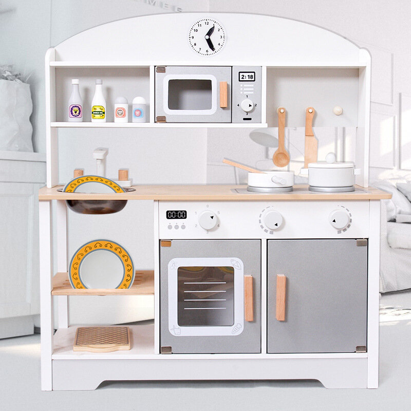 [Funny] Big size 72cm Wooden simulation Kitchen toy set microwave oven Japanese kitchen Play house toys for girl birthday gift