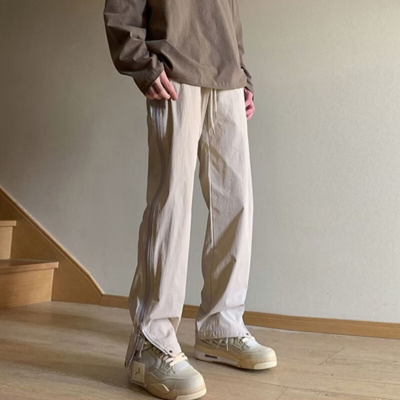 Calça de cintura média para homens, design com zíper lateral, Harajuku, Hip Hop, Calças aconchegantes, Masculinos, Estilo Americano, Streetwear, Moda, Verão