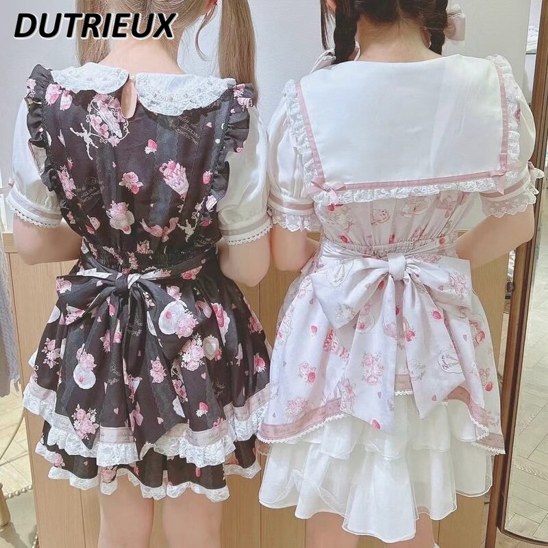 Vestido de manga corta con cuello de vela japonés para mujer, primavera y verano 2024, vestido Midi con flores de pastel de fresa, vestidos Lolita para estudiantes