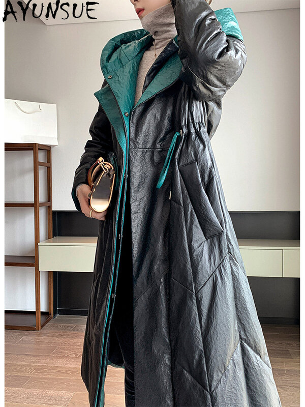 Ayunsu-سترة جلدية حقيقية للنساء ، معطف الشتاء مقنعين ، سترات طويلة أنيقة ، جلد الغنم الحقيقي ، ذات جودة عالية
