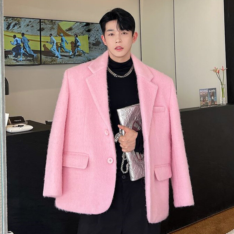Корейский шикарный мужской шерстяной пиджак IEFB, модное однобортное пальто с отворотом и карманами, Осень-зима 2023, повседневная мужская одежда розового цвета 9C2886