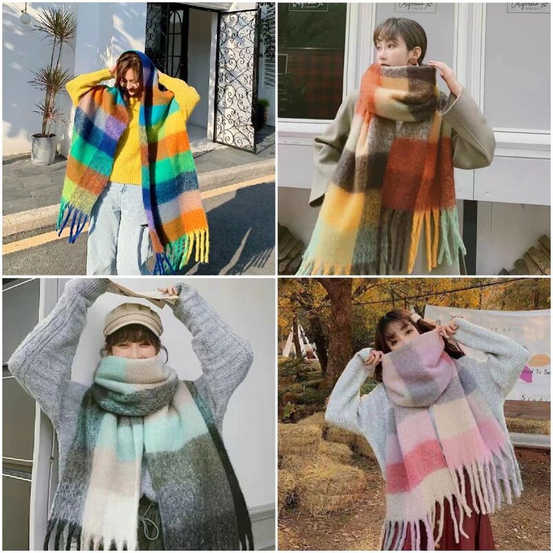 Плотный теплый зимний шарф, новые женские шали в клетку из пашмины, кашемировая шаль, женские шарфы с кисточками, вязаный мужской шарф