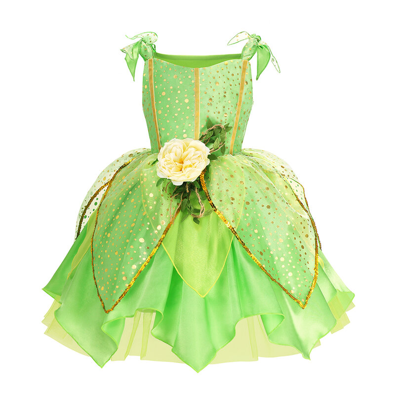 Vestido de fada verde com sininho para meninas, asa borboleta, traje de princesa elfa, vestido de festa de carnaval, 2024