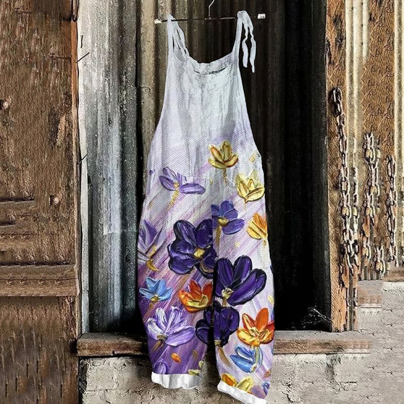 New Women's Oil Painting Style Loose Casual Romper Retro Colorful Flower Art 3D Printed Romper