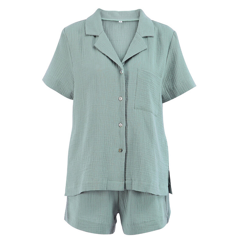 Conjunto de pijama de duas peças, shorts de algodão de fenda, solto, gaze dupla camada, roupa de casa, verão, 2022