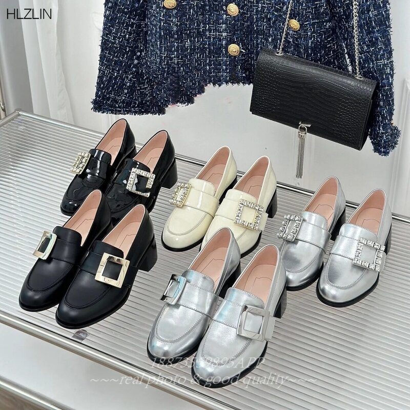 2024 early spring new fashion diamond square buckle round head single shoes with thick heel women's shoes bright shoes women