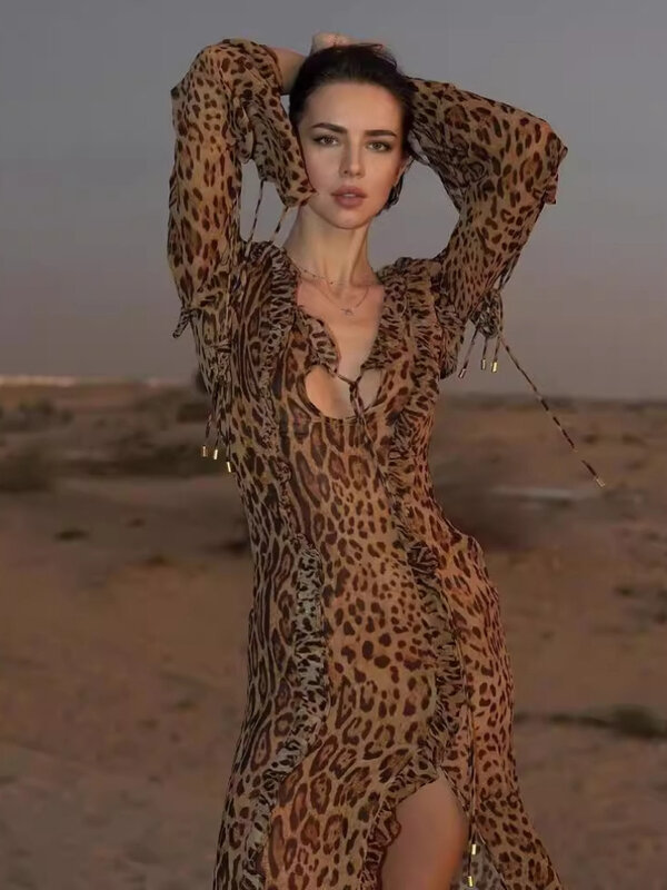 HOUZHOU Sexy Leopard Print Long Dresses Women Lace-up V-neck Ruffle Edge Split Slim Long Sleeve Party Dress Elegant Streetwear