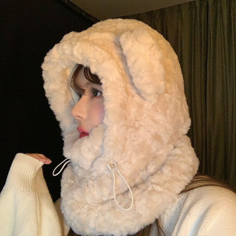 여성용 겨울 따뜻한 모자 스카프 세트, 플러시 두꺼운 올인원 귀여운 곰 귀 비니 방풍 스카프, 후드 귀 보호 캡