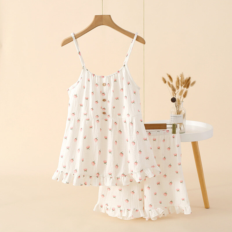 Crepe Suspender Home Clothing Suit For Women Summer Thin Casual Loose Floral Sleepwear Sleeveless Tops Shorts 2Pcs Pajamas Set