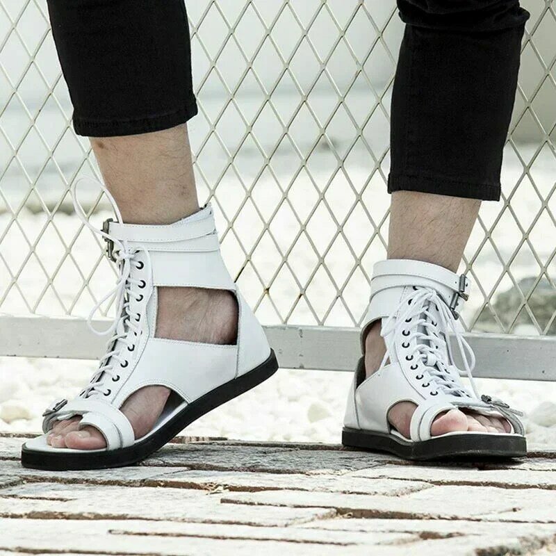 Sandálias masculinas de zíper preto e branco fivela, chinelos sapatos para homens, novos