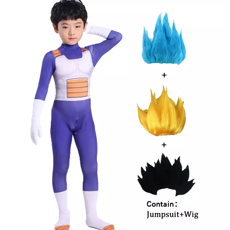 Disfraz de Vegeta azul para niños y adultos, traje de Goku, mono de superhéroe, Finery Dress Up