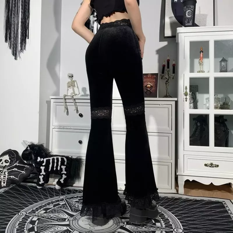 2024 nowe centrum handlowe gotyckie rozkloszowane spodnie estetyczne seksowny koronkowy Patchwork spodnie damskie eleganckie aksamitne świąteczne spodnie w stylu Vintage