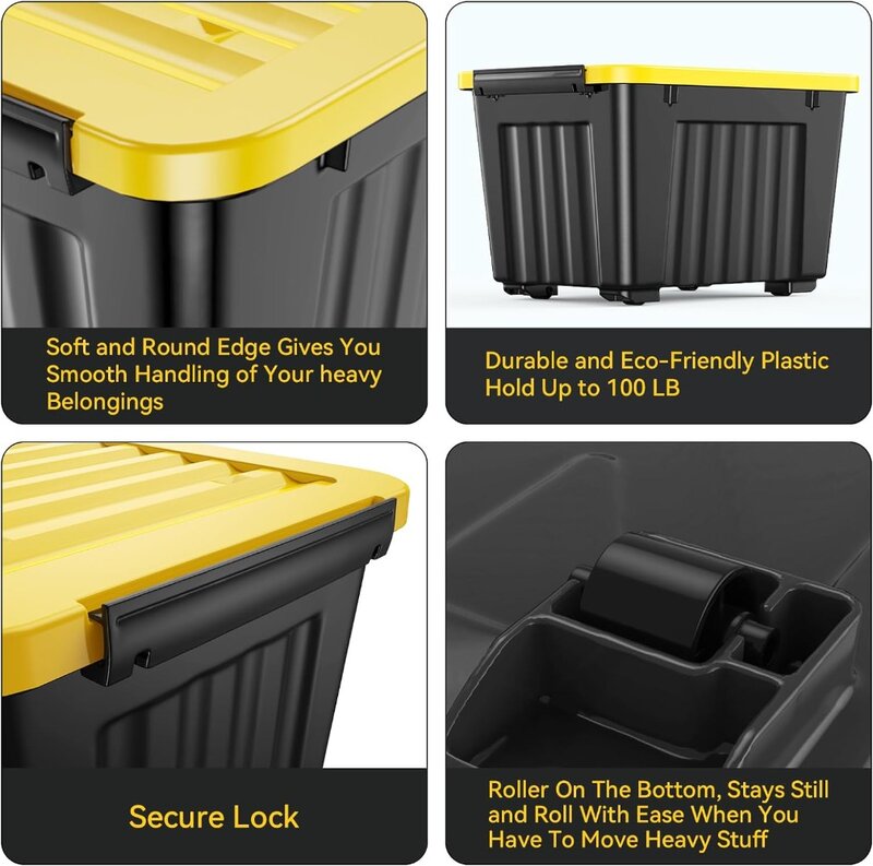 97 quart plastic storage bins, stackable and nested storage bins, yellow LIDS and safety latches, large storage bins