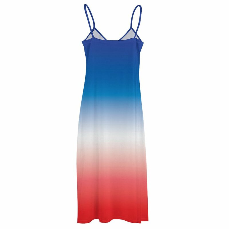 Gaun tanpa lengan warna gradien Ombre, gaun musim panas merah putih biru lucu dengan dasi gradien