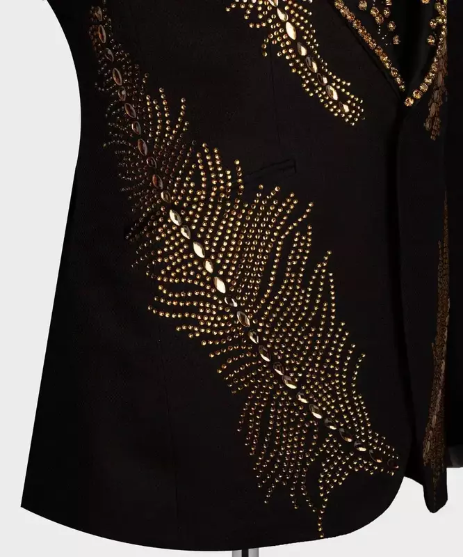 Conjunto de terno de 2 peças para homens negros, blazer e calça, jaqueta de cristal dourada sob medida, smoking de casamento do noivo, casaco de peito único, luxo