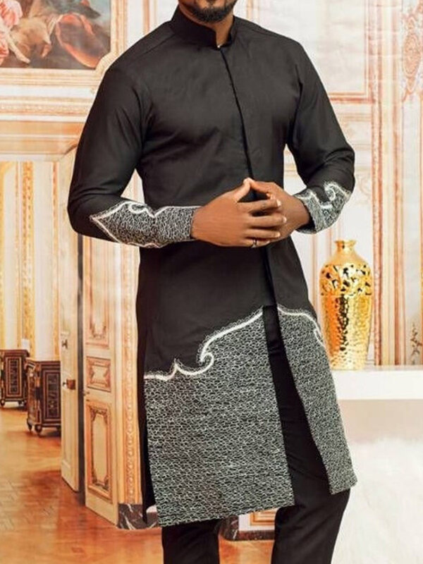 قميص علوي مطرز للرجال ومجموعة سراويل بلون واحد ، نمط أفريقي عرقي ، ملابس إسلامية غير رسمية ، جديد ، 2023