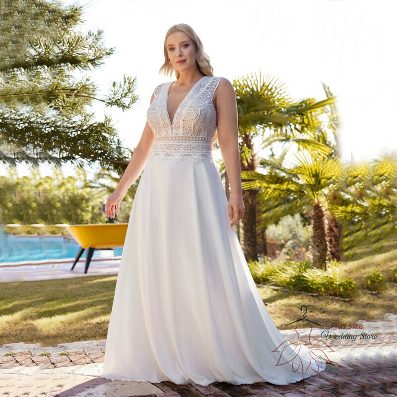 Classic Wedding Dresses 2023 Deep V-Nck Backless Sleeveless Bride Gown Chiffon A-Line Sweep Train Vestido De Noiva Plus Size