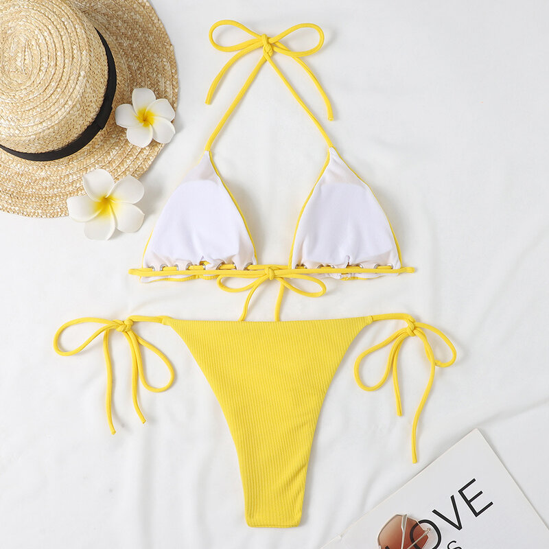 Maillot de bain brésilien jaune, micro, col licou, triangle, ensemble deux pièces, pour femmes, vêtements pour la plage, nouvelle collection 2024
