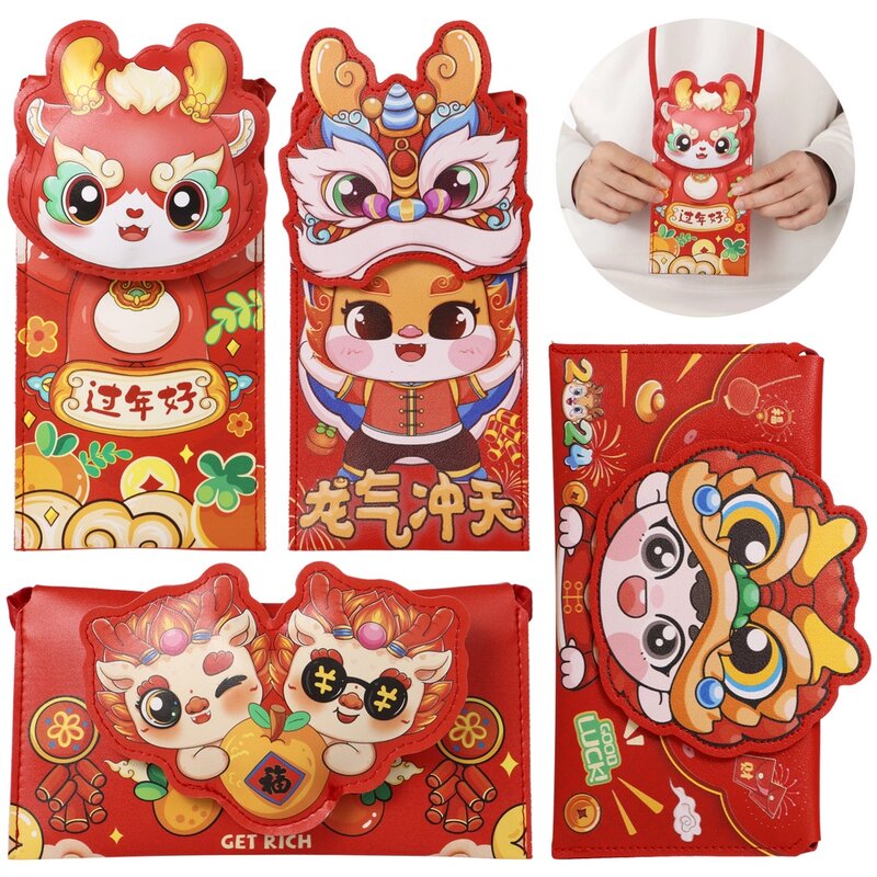 Envelopes vermelhos chineses para festival de primavera, ano novo do dragão, dinheiro da sorte, hong bao, desenho animado, ano da primavera, 4 unid, 2024