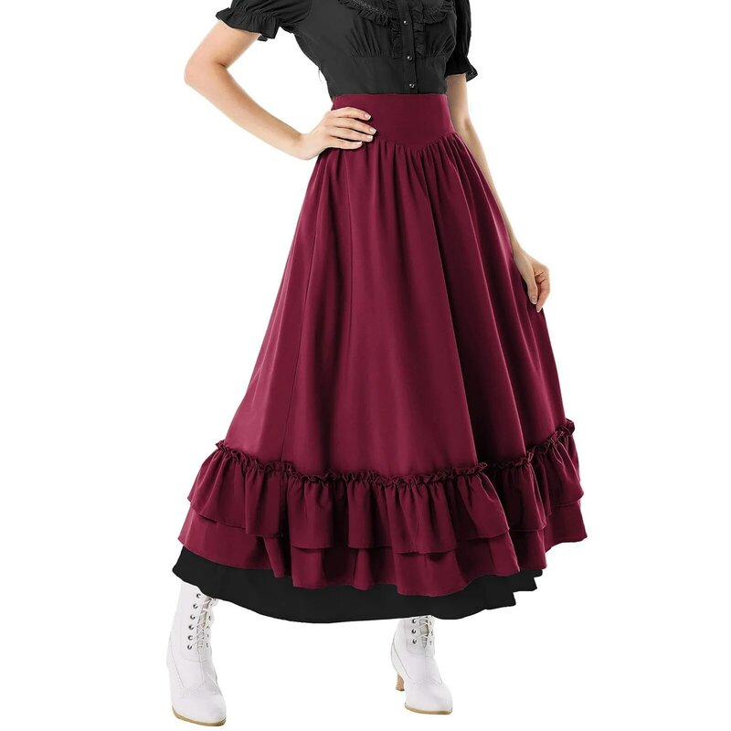 Rok wanita modis rok Maxi Boho pinggang tinggi renda elastis abad pertengahan rok panjang bergaris tali serut kasual rok balet perempuan
