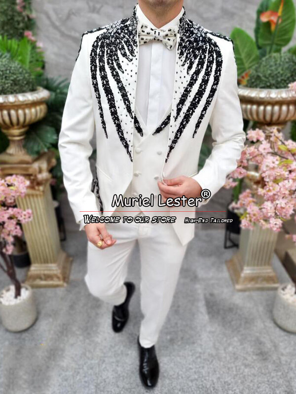 White Groom Wedding Tuxedos Custom Made Pearls Beaded Suits Men 3 Pieces Male Fashion Blazer Vest Pants Dinner Party Blazer Sets