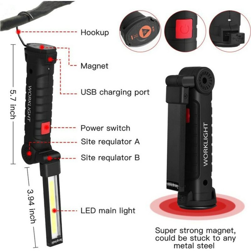 Linterna LED COB portátil recargable por USB, luz de trabajo magnética de 5 modos para coche, lámpara de gancho colgante para reparación de Camping
