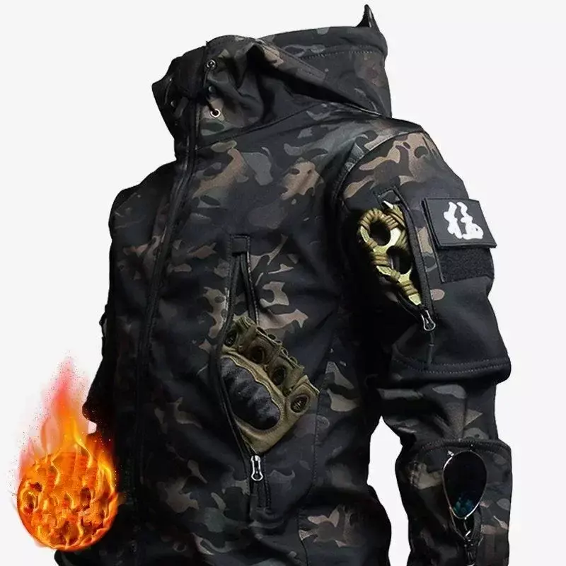 Jaket celana taktis khusus tahan air, panas dan hangat cangkang lembut wol tahan aus militer lapisan ganda tebal