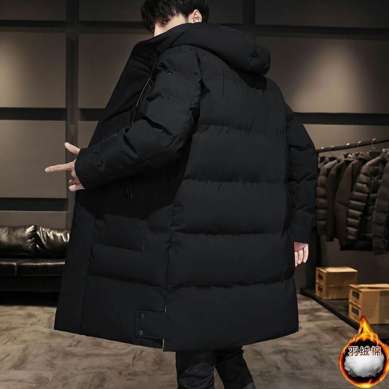 Jaqueta masculina de comprimento médio com capuz, jaqueta larga e espessa, jaqueta de algodão na moda, nova, inverno
