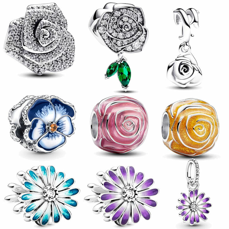 Abalorio de plata 2024 para mujer, accesorio de gran tamaño, Rosa en flor, compatible con pulsera Pandora, joyería fina artesanal, regalo para el día de la madre, novedad de 925