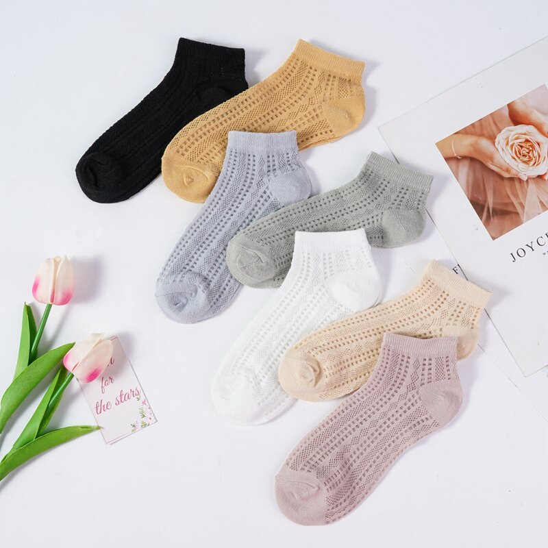 5 Pairs Summer Thin Mesh Short Socks for Women Cute Solid Girls Casual Low Tube Cotton Hollow Breathable Female Ankle Socks