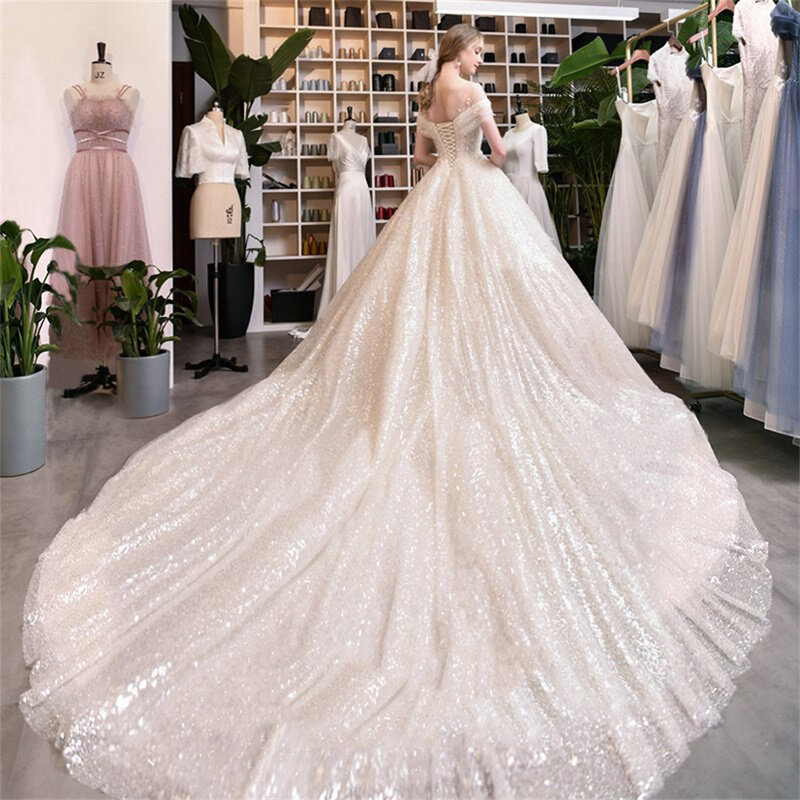 Gaun pernikahan berpayet applique leher perahu bahu terbuka yang indah untuk wanita gaun pengantin kereta istana 2024 Vestido De Noiva