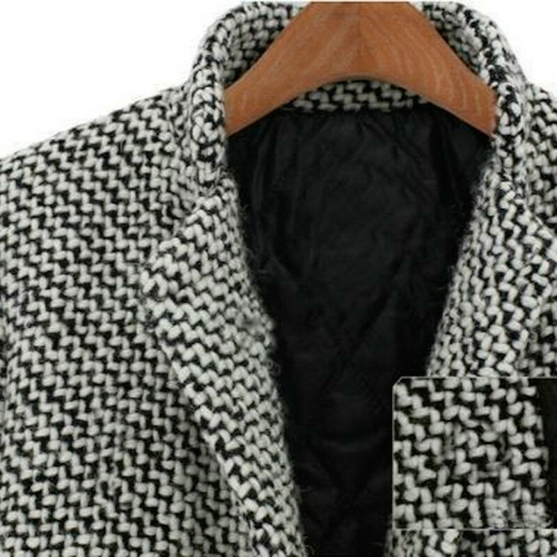 S-4XL Woman Winter Coats New Fashion Casual Long Sleeve Houndstooth Patchwork V-Neck Single Button Gray Autumn Outerwear Coat