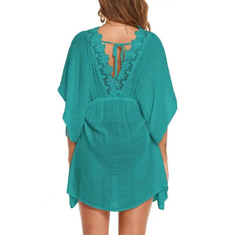 Bikini Cover Up Breathable Chiffon Beach Cover Up Stylish Women's Beach Dress with Lace Trim V-neck Swimsuit Cover Up for Summer